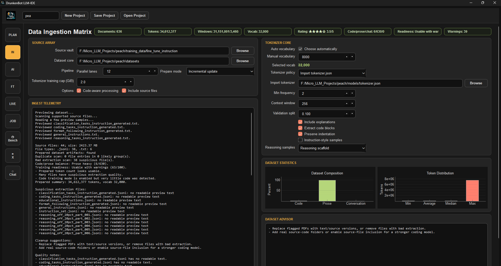 LLM-IDE Data Ingestion Matrix tab